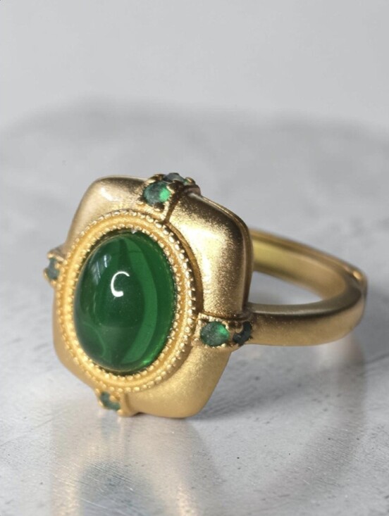 Designer Jewelry - 18k Matte Gold Plated European Style Emerald Cabochon Crystal Ring